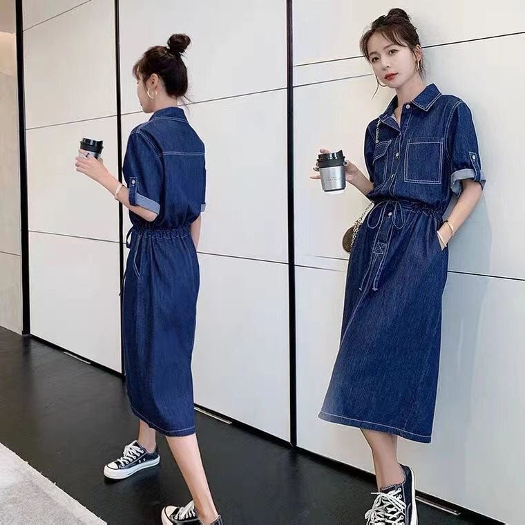 ĐẦM JEAN XÒE CỔ SƠ MI EO RÚT - NJ220